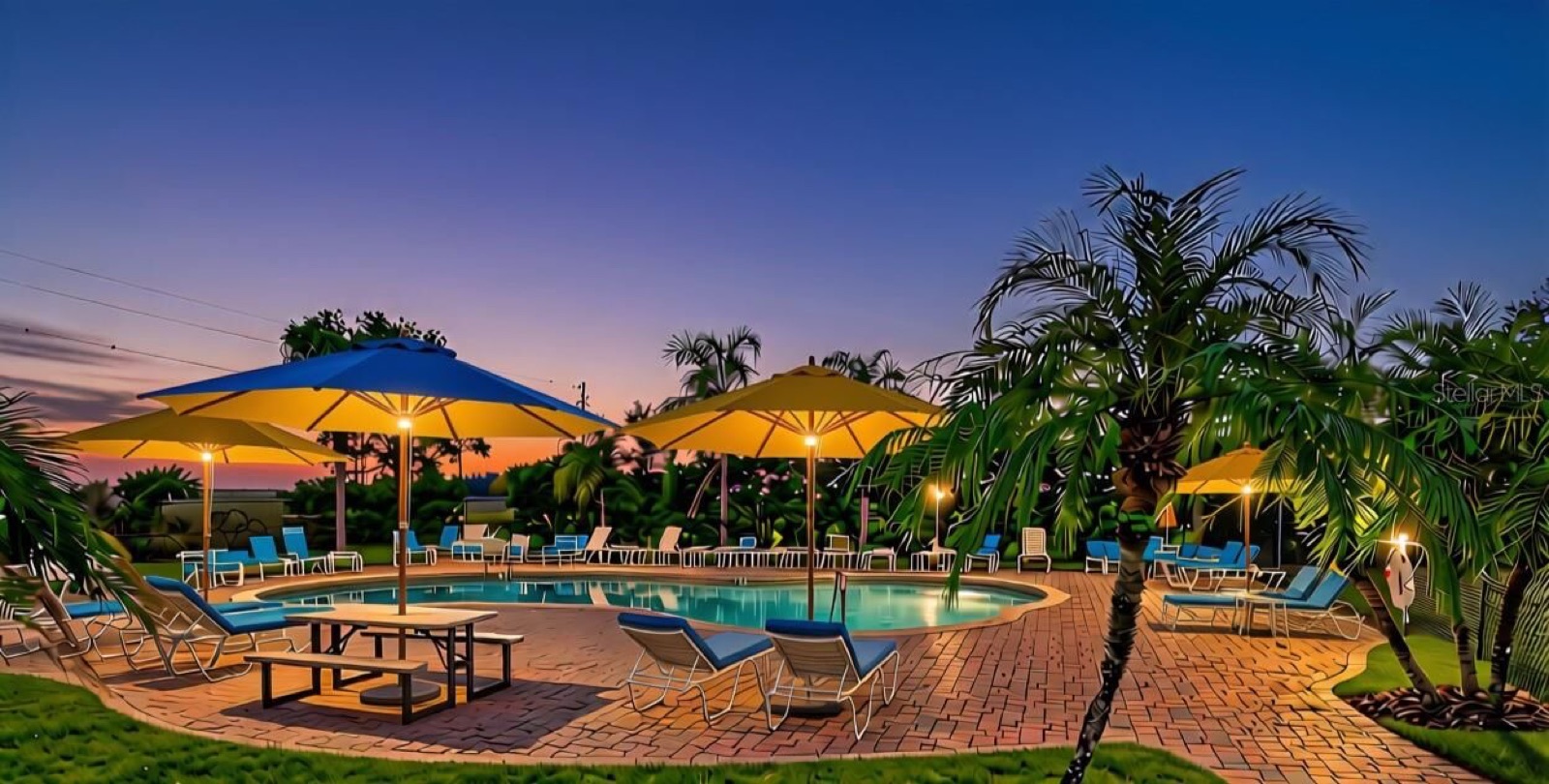 The community pool at dusk